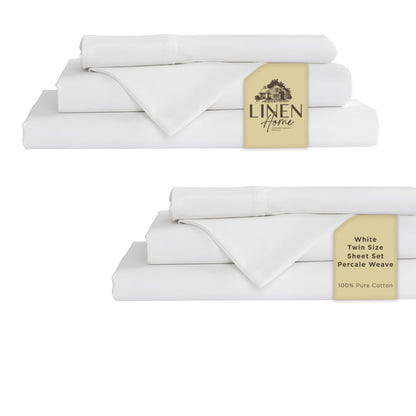 Linen Home 100% Cotton Percale Sheets Queen Size 4 Pc Cooling Set - White