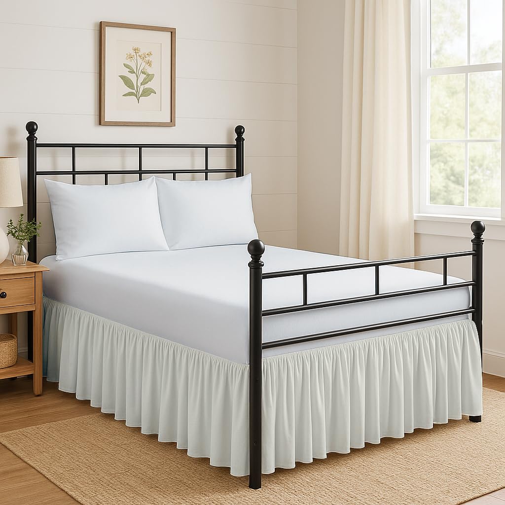 Ruffled Bed Skirt Split Corners with Platform, Tailored Fit Hotel Quality Wrinkle Free Ultra-Soft Microfiber Dust Ruffle, Upto 16 Inch Drop, Queen, White