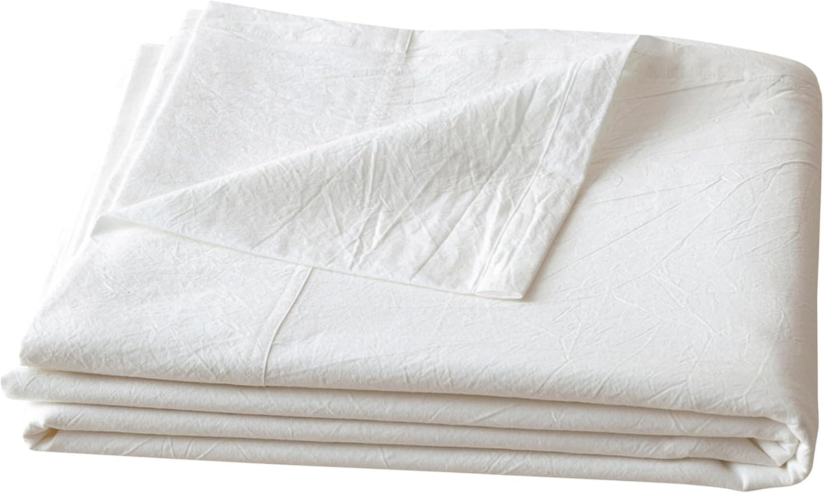 BESTOUCH Queen Flat Sheet 100% Washed Cotton Linen Feel Off White