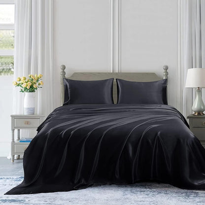Homiest Black Satin Flat Sheet, Full Silky Bed Top Sheet Only
