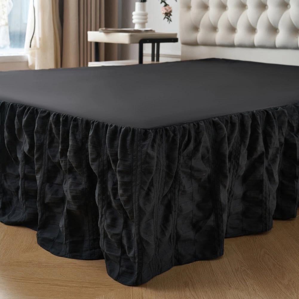 Full Bed Skirt, Crinkle Textured Stripe Bed Skirt with Platform, Ivory