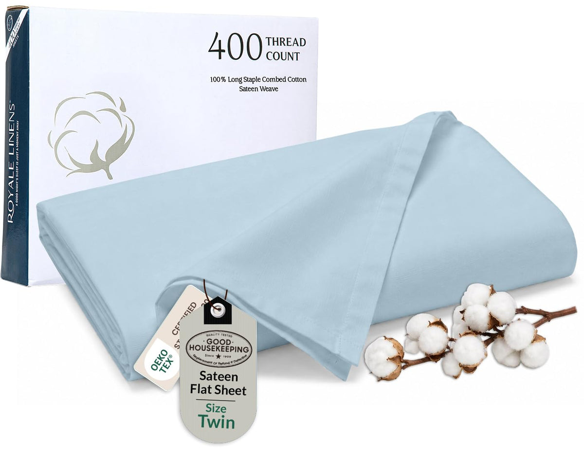Royale Linens Queen Flat Sheet Only, Luxury Breathable Sateen Weave 100% Cotton Flat Sheets, Ultra Soft Single Flat Sheets Only Sold Separately, Cooling Top Sheet (Caribbean Blue-90x102)