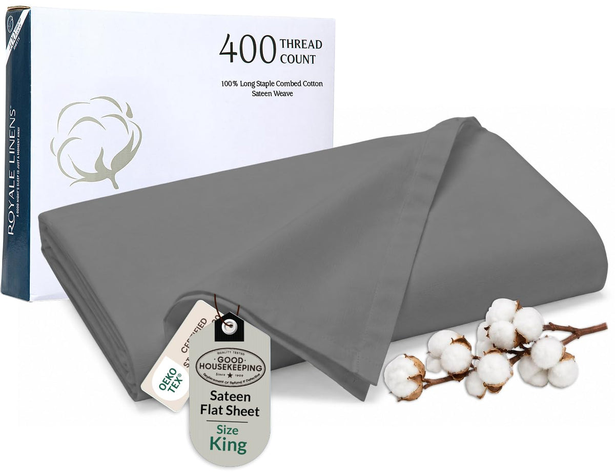 Royale Linens Queen Flat Sheet Only, Luxury Breathable Sateen Weave 100% Cotton Flat Sheets, Ultra Soft Single Flat Sheets Only Sold Separately, Cooling Top Sheet (Caribbean Blue-90x102)