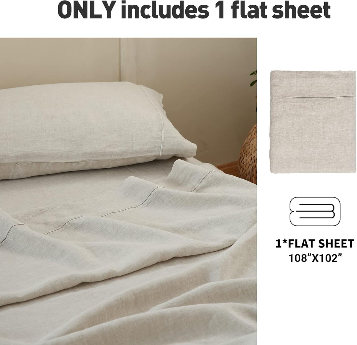 Simple&Opulence French Linen Flat Sheet with Embroidered Border-100% Stone Washed Flax Bedding,King Size(108''x102'') Ultra Soft,Breathable Flat Top Sheet-1 Piece Bed Flat Sheet Only(Linen)