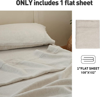 Simple&Opulence French Linen Flat Sheet with Embroidered Border-100% Stone Washed Flax Bedding,King Size(108''x102'') Ultra Soft,Breathable Flat Top Sheet-1 Piece Bed Flat Sheet Only(Linen)