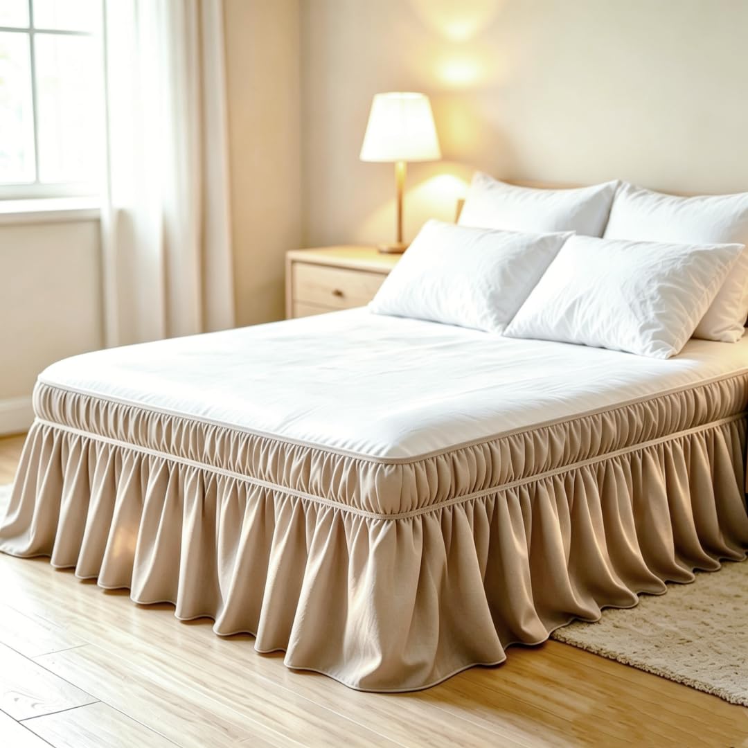 Juwenin Home Wrap Around Ruffle Bed Skirt, 16 Inch Drop, Elastic Fit, Wrinkle Resistant, Hotel Quality Bedskirt Dust Ruffle (White, Queen 16" Drop)