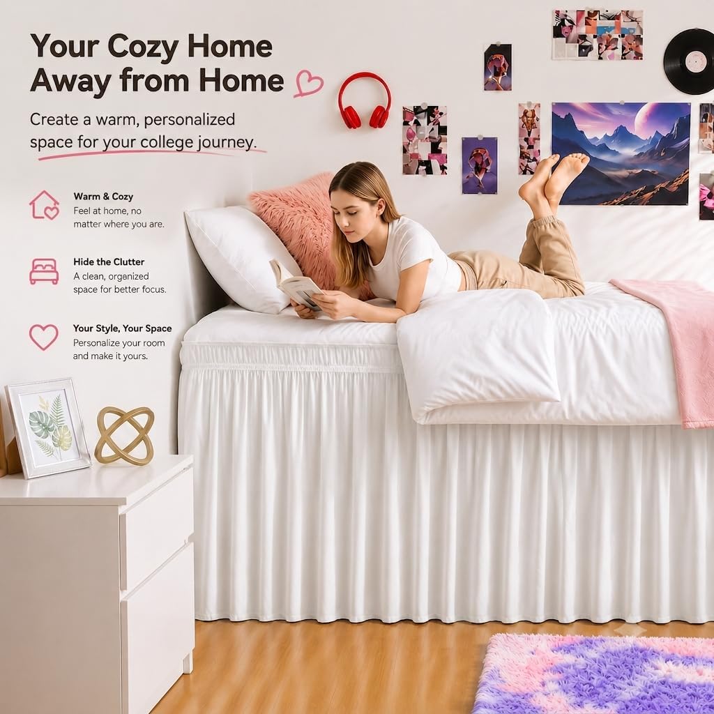 White Twin XL College Dorm Bed Skirt 32" Drop, Elastic Wrap Dust Ruffle