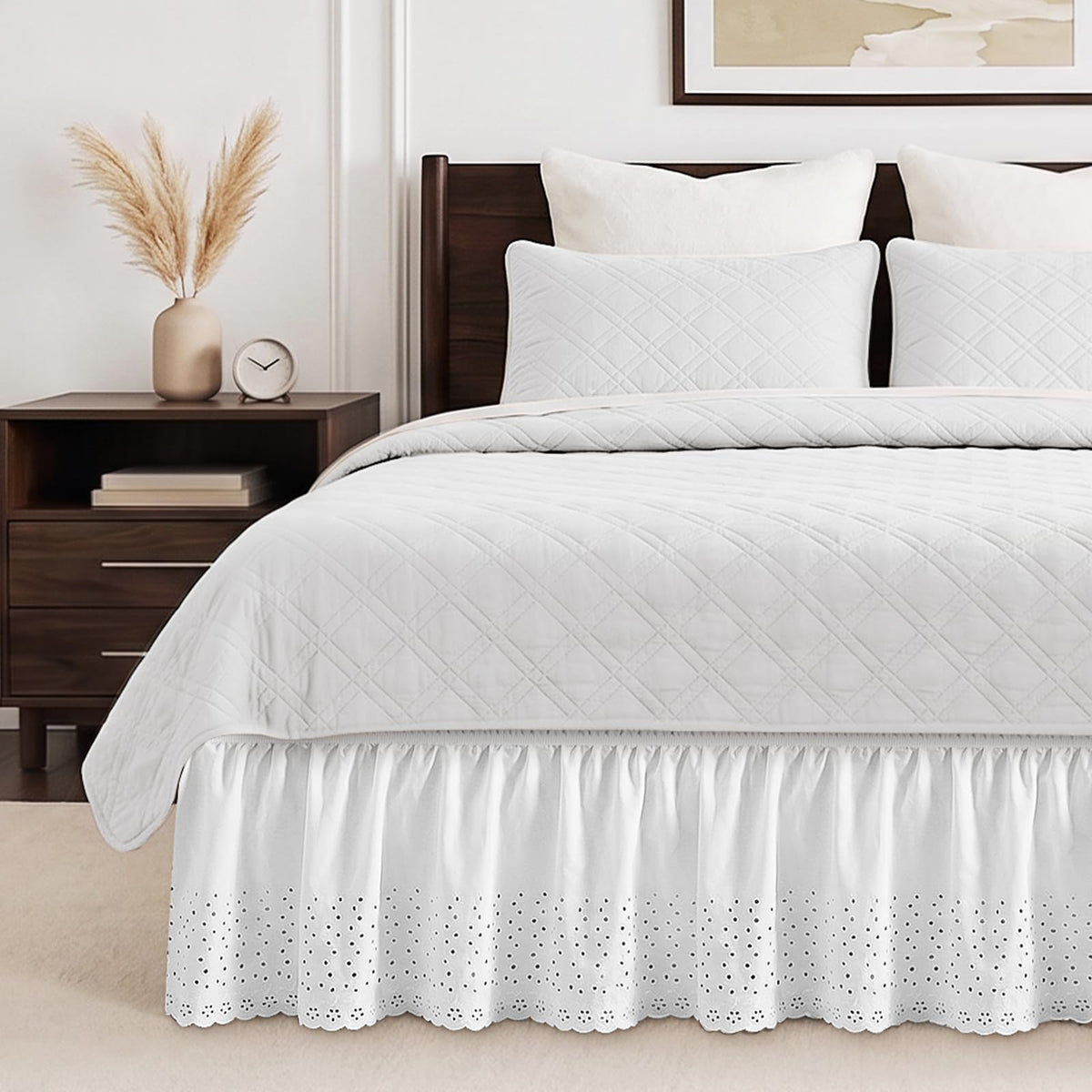 White Twin XL College Dorm Bed Skirt 32" Drop, Elastic Wrap Dust Ruffle