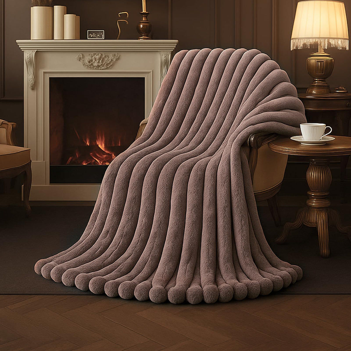 Amélie Home Soft Striped Faux Fur Throw Blanket for Couch, Beige, 55"x70"