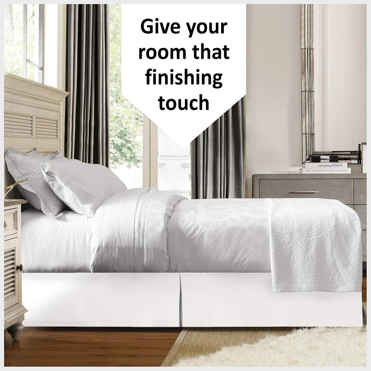 100% Cotton 800 Thread Count Box Pleated Bed Skirt - Luxury Pleated Dust Ruffle, Bed Skirt, Easy Fit with 15 Inch Tailored Drop, King Size White Solid