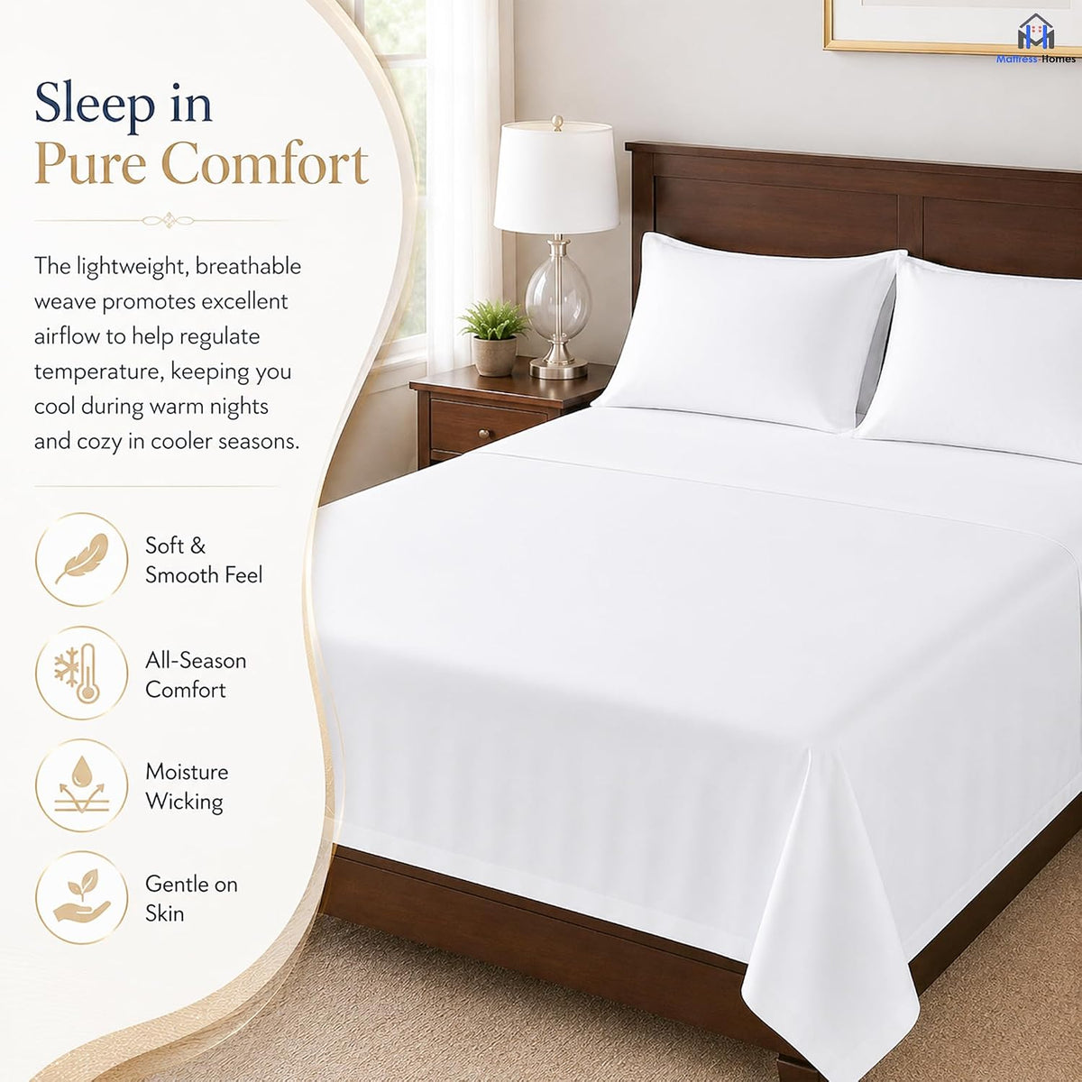 Mattress-Homes Flat Sheets Only Queen Size 100% Cotton Top Sheet 1PC Cool & Breathable Luxury Hotel Quality Flat Sheet Only, Bed Sheets White Solid