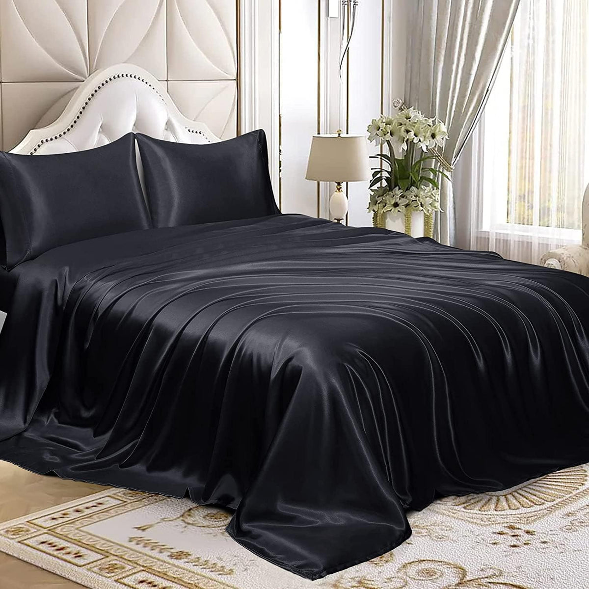 Homiest Black Satin Flat Sheet, Full Silky Bed Top Sheet Only