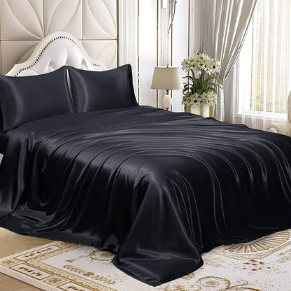 Homiest Black Satin Flat Sheet, Full Silky Bed Top Sheet Only