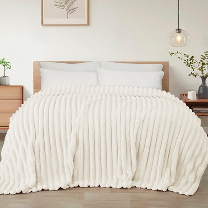 Exclusivo Mezcla Striped Fleece Throw Blanket for Couch, Sofa, Navy Blue
