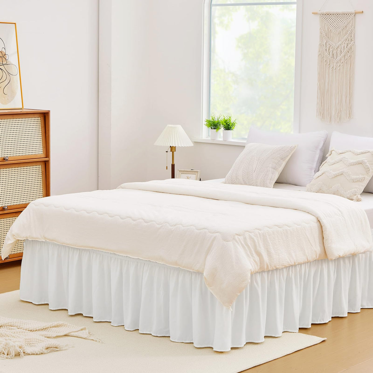 White Twin XL College Dorm Bed Skirt 32" Drop, Elastic Wrap Dust Ruffle