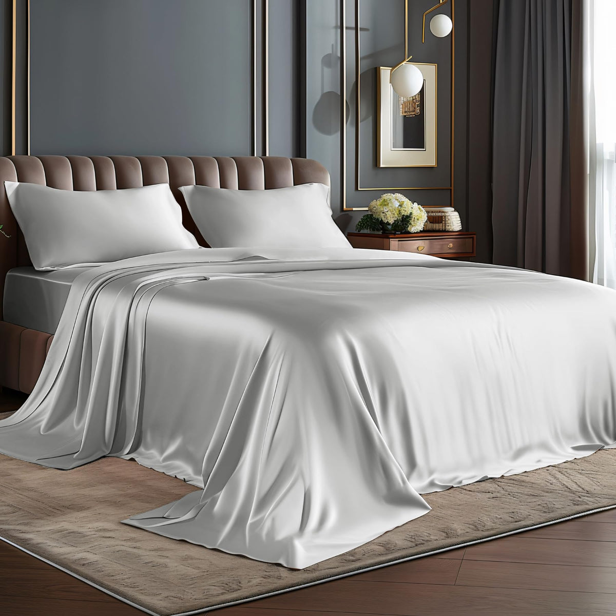 BEDELITE Satin Sheets Queen Size Bed Set, Black, 4 Pieces