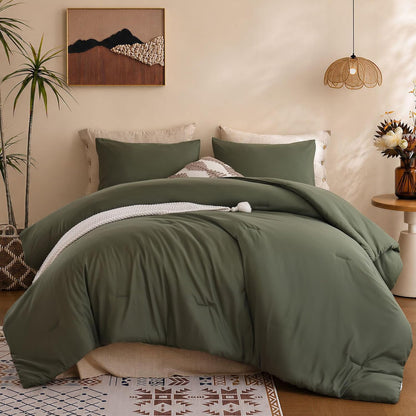 ROSGONIA Queen Comforter Set Olive Green, 3pcs Bedding Sets Queen (1 Boho Olive Comforter & 2 Pillowcases), All Season Lightweight Blanket Quilt