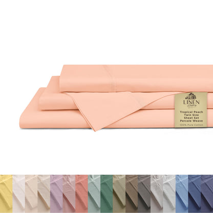 Linen Home 100% Cotton Percale Sheets Queen Size 4 Pc Cooling Set - White
