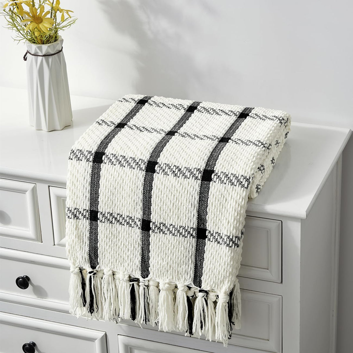 CREVENT Farmhouse Boho Knitted Throw Blanket for Couch Sofa Chair Bed Home Decoration, Soft Warm Cozy Light Weight for Spring Summer Fall (50''X60'' Sage Green)
