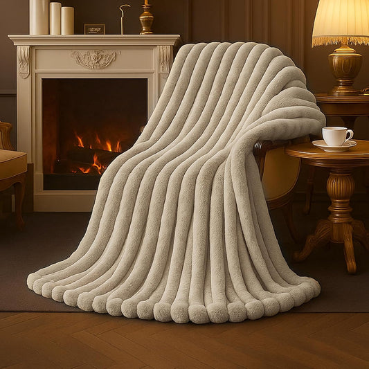 Amélie Home Soft Striped Faux Fur Throw Blanket for Couch, Beige, 55"x70"