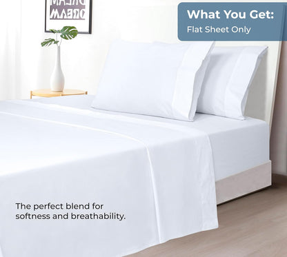 Royale Linens 100% Organic Cotton Queen Flat Sheet Only - Super Soft - Percale Top Sheets - Queen Flat Sheet Sold Separately - Breathable, Cool & Crisp White Sheets Only (90" x 102", White)
