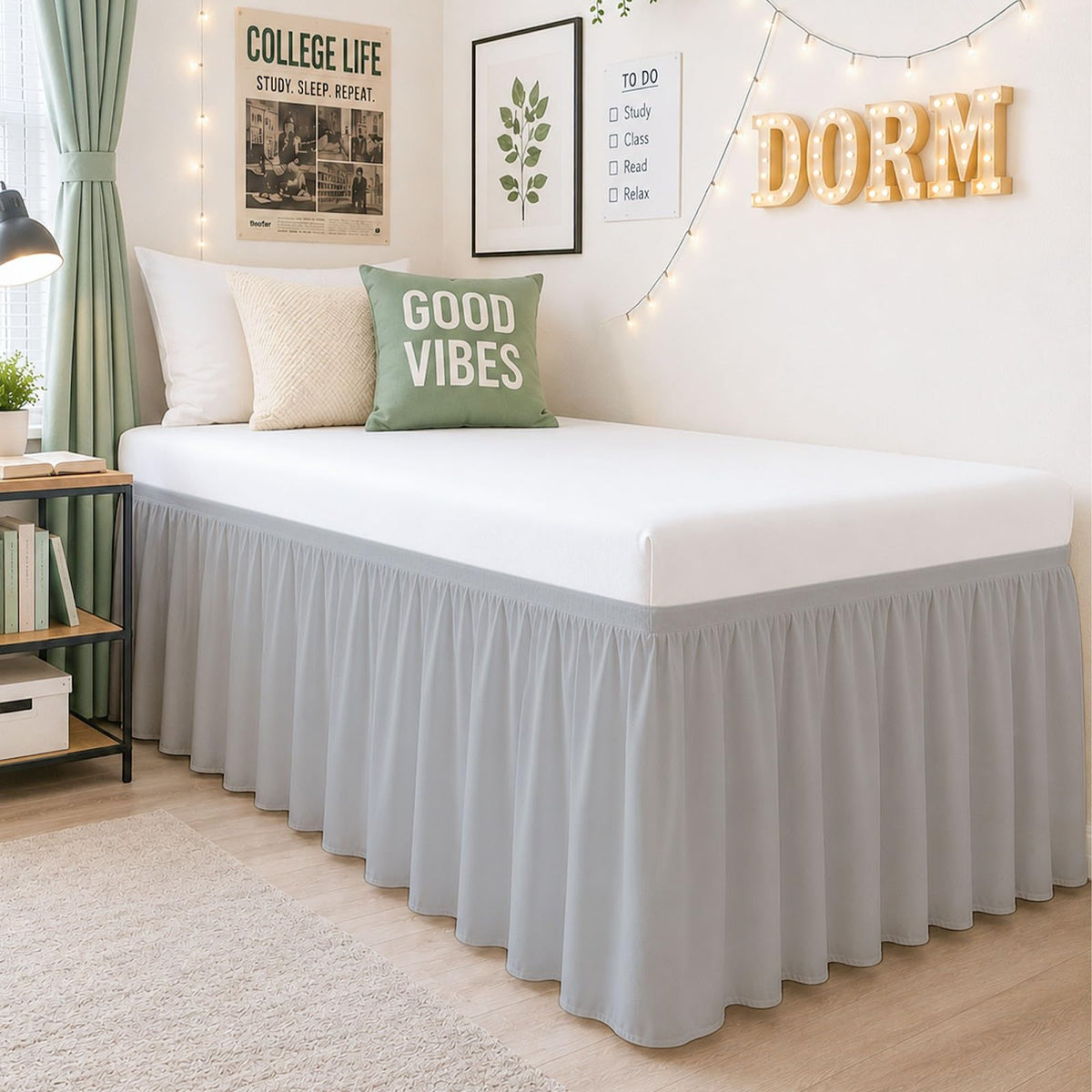 Cottington Lane Twin XL Dorm Bed Skirt 32 Inch Drop, Extended Ruffled College Dorm Bed Skirt, Wrap Around Dust Ruffle, Premium Brushed Microfiber Extra Long Bed Skirt for Twin XL Dorm Beds, White
