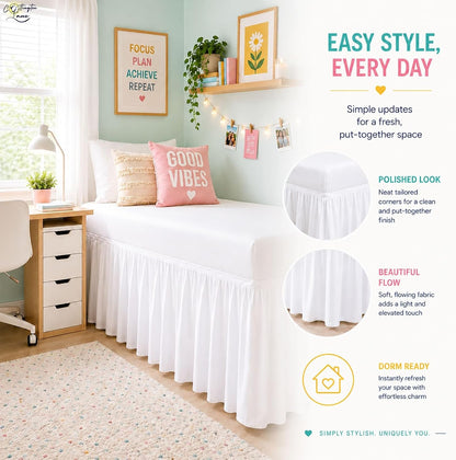 Cottington Lane Ruffled Dorm Room Bed Skirt Twin XL 30 Inch Drop, White