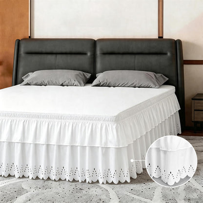 ANARACHON Full Bed Skirt, Wrap-Around Elastic Ruffled Eyelet Bed Skirt Full Size Dust Ruffle with Gathered Styling and Embroidered Details, 18" Drop Length (White)