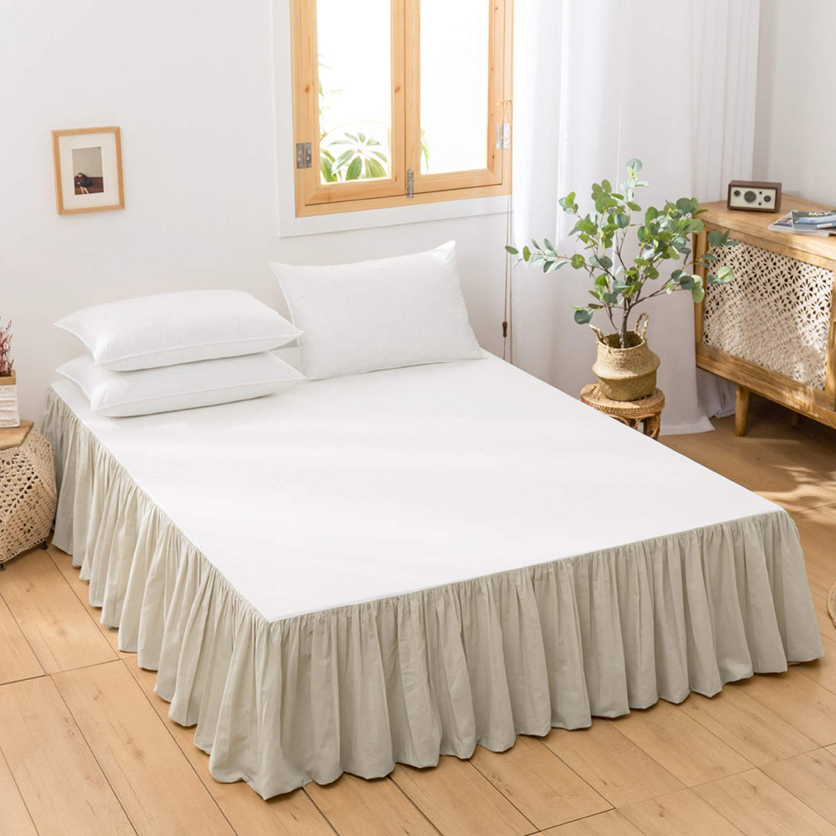 BISELINA French Linen Wrap Around Bed Skirt with Pleated Corner 14-Inch Tailored Drop Natural Flax Cotton Blend Basic Soft Cozy (14" Queen, Linen)