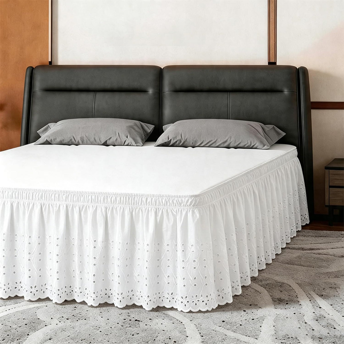 ANARACHON Full Bed Skirt, Wrap-Around Elastic Ruffled Eyelet Bed Skirt Full Size Dust Ruffle with Gathered Styling and Embroidered Details, 18" Drop Length (White)