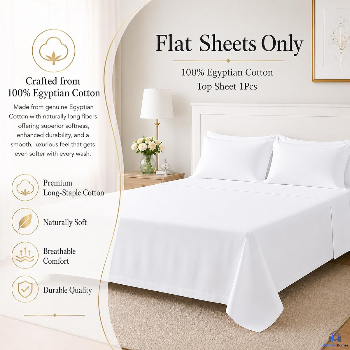 Mattress-Homes Flat Sheets Only Queen Size 100% Cotton Top Sheet 1PC Cool & Breathable Luxury Hotel Quality Flat Sheet Only, Bed Sheets White Solid