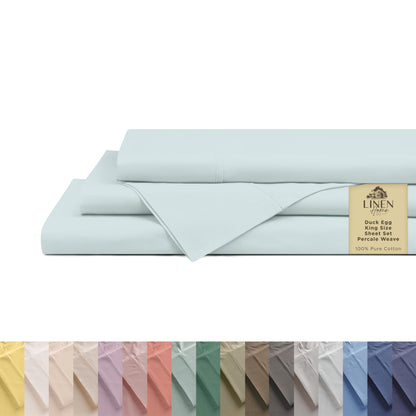 Linen Home 100% Cotton Percale Sheets Queen Size 4 Pc Cooling Set - White
