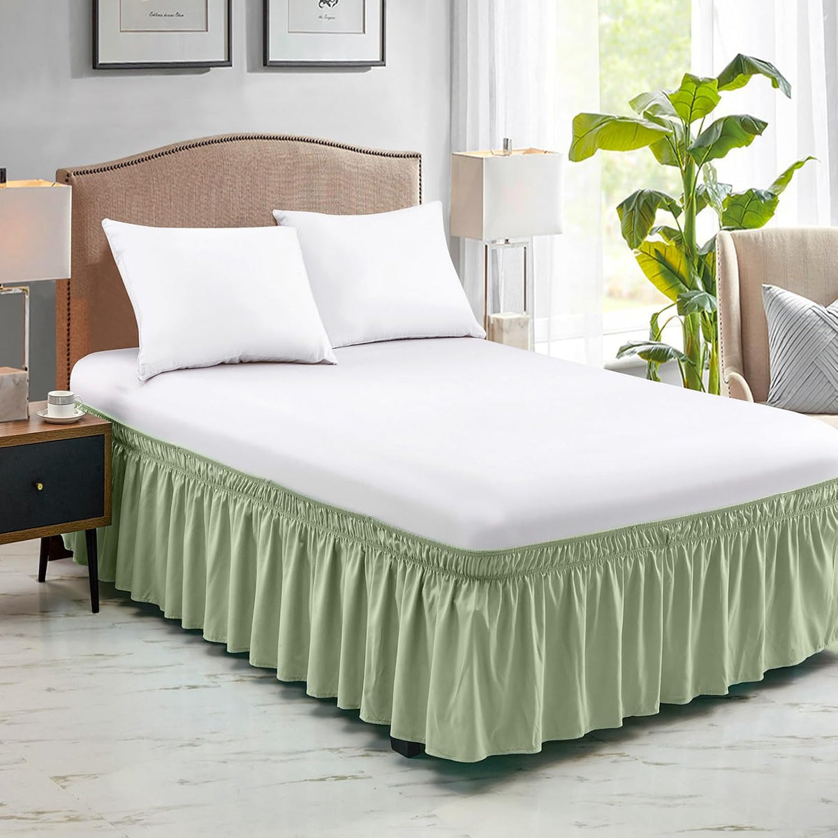FreshCulture Queen Bed Skirt, Elastic Wrap Around Bed Skirt Queen Size, Bed Skirts for Adjustable Bed, Easy Fit with 15-Inch Tailored Drop, Hotel Quality Dust Ruffle for Queen Bed (Sage Green)
