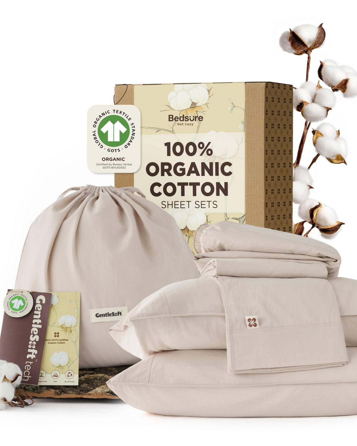 Bedsure PureWoven 100% GOTS Certified Organic Cotton Sheets, Queen Size