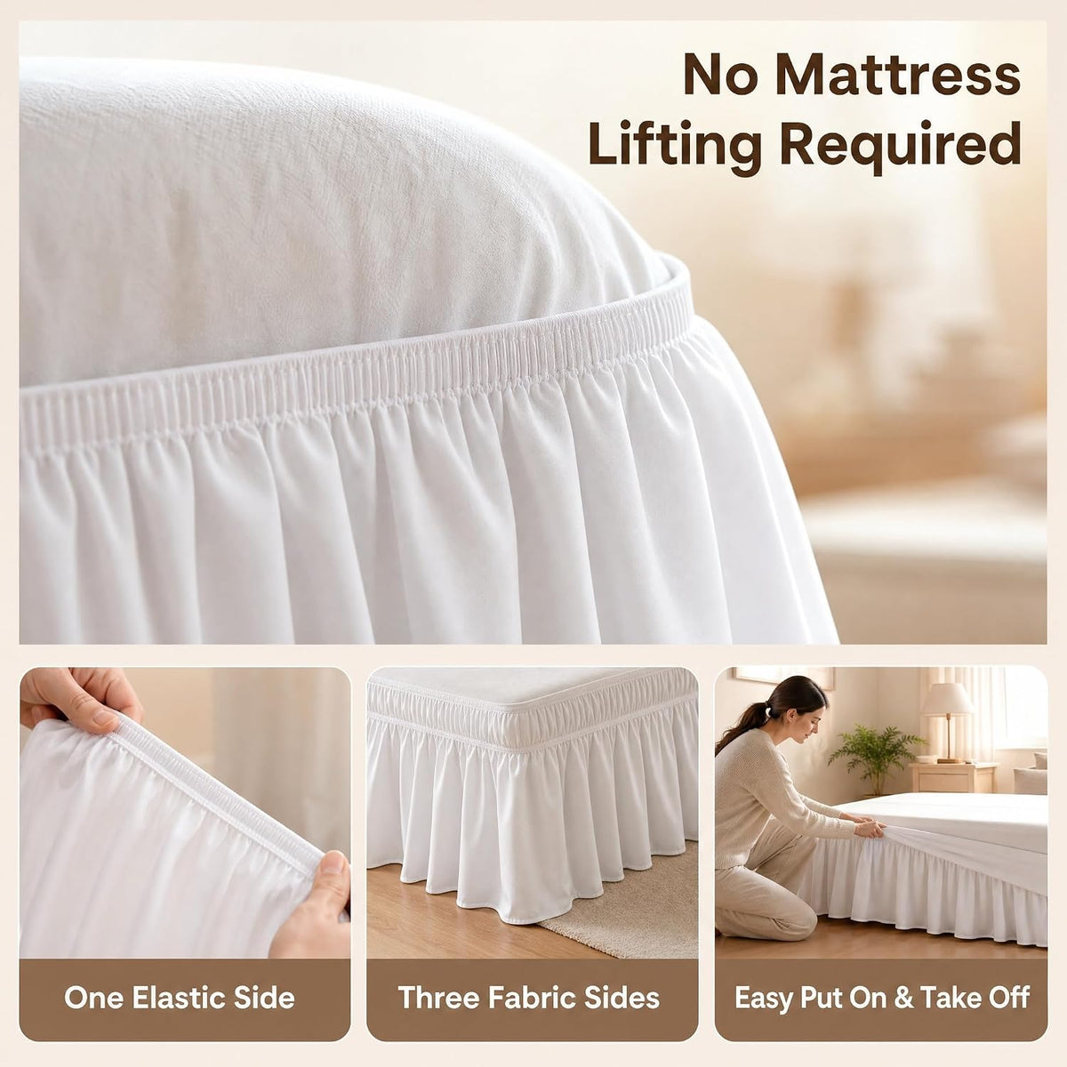 Juwenin Home Wrap Around Ruffle Bed Skirt, 16 Inch Drop, Elastic Fit, Wrinkle Resistant, Hotel Quality Bedskirt Dust Ruffle (White, Queen 16" Drop)