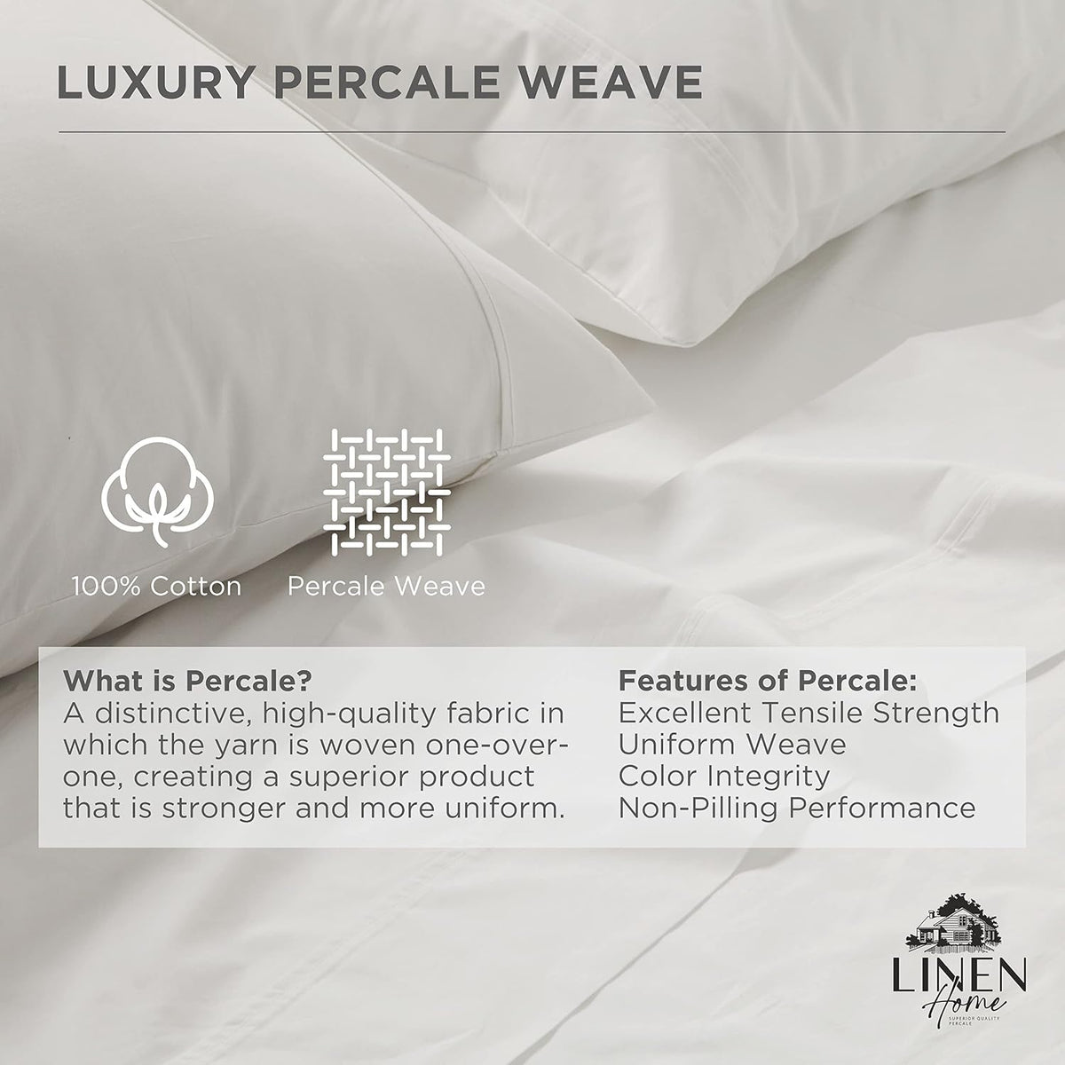 Linen Home Queen Size Flat Sheet Only 100% Cotton Percale, White