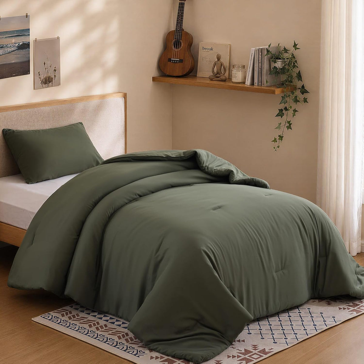 ROSGONIA Queen Comforter Set Olive Green, 3pcs Bedding Sets Queen (1 Boho Olive Comforter & 2 Pillowcases), All Season Lightweight Blanket Quilt