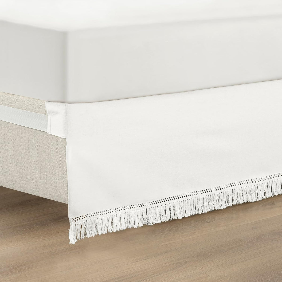Lush Decor Boho Fringe 15-Inch Tailored Drop Easy Fit Bed Skirt King Size Single 78" W x 80" L +15" Neutral - King Bed Skirt - Wrap Around Bed Skirt