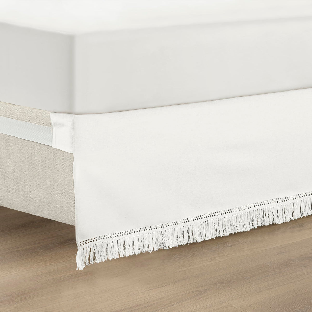 Lush Decor Boho Fringe 15-Inch Tailored Drop Easy Fit Bed Skirt King Size Single 78" W x 80" L +15" Neutral - King Bed Skirt - Wrap Around Bed Skirt