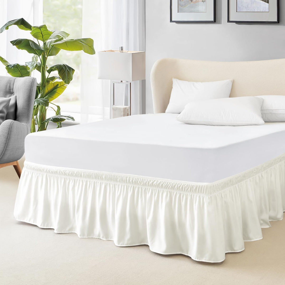 FreshCulture Queen Bed Skirt, Elastic Wrap Around Bed Skirt Queen Size, Bed Skirts for Adjustable Bed, Easy Fit with 15-Inch Tailored Drop, Hotel Quality Dust Ruffle for Queen Bed (Sage Green)