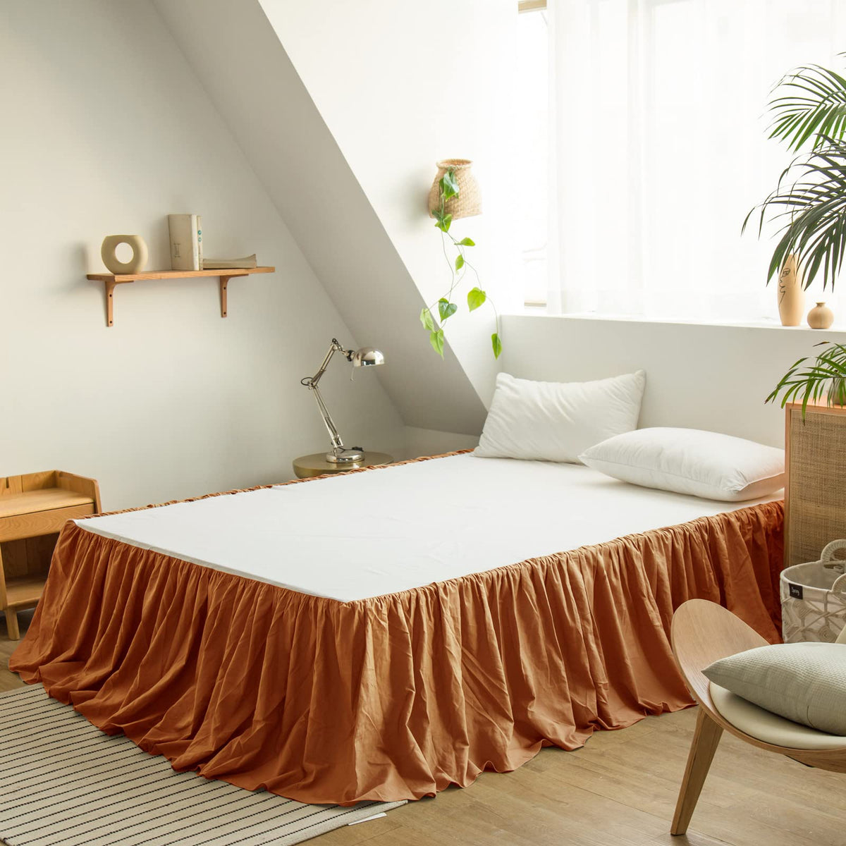 BISELINA French Linen Wrap Around Bed Skirt with Pleated Corner 14-Inch Tailored Drop Natural Flax Cotton Blend Basic Soft Cozy (14" Queen, Linen)