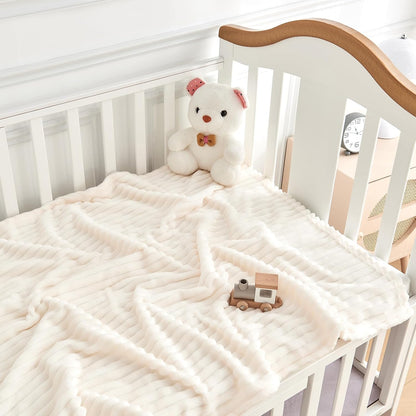 Soft Fleece Baby Blanket Ultra Cozy Baby Blankets for Boys Girls Warm and Lightweight Infant Toddler Newborn Receiving Gift with Reversible Stripes for Crib Stroller, 30x40 Inch, Cream