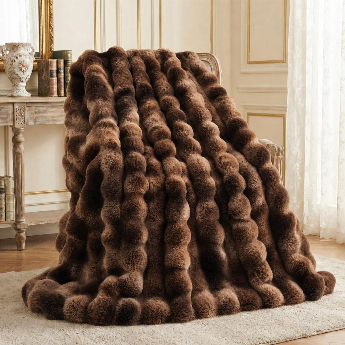 L'AGRATY Faux Rabbit Fur Throw Blanket for Couch, 50'' x 60'', Cocoa Brown