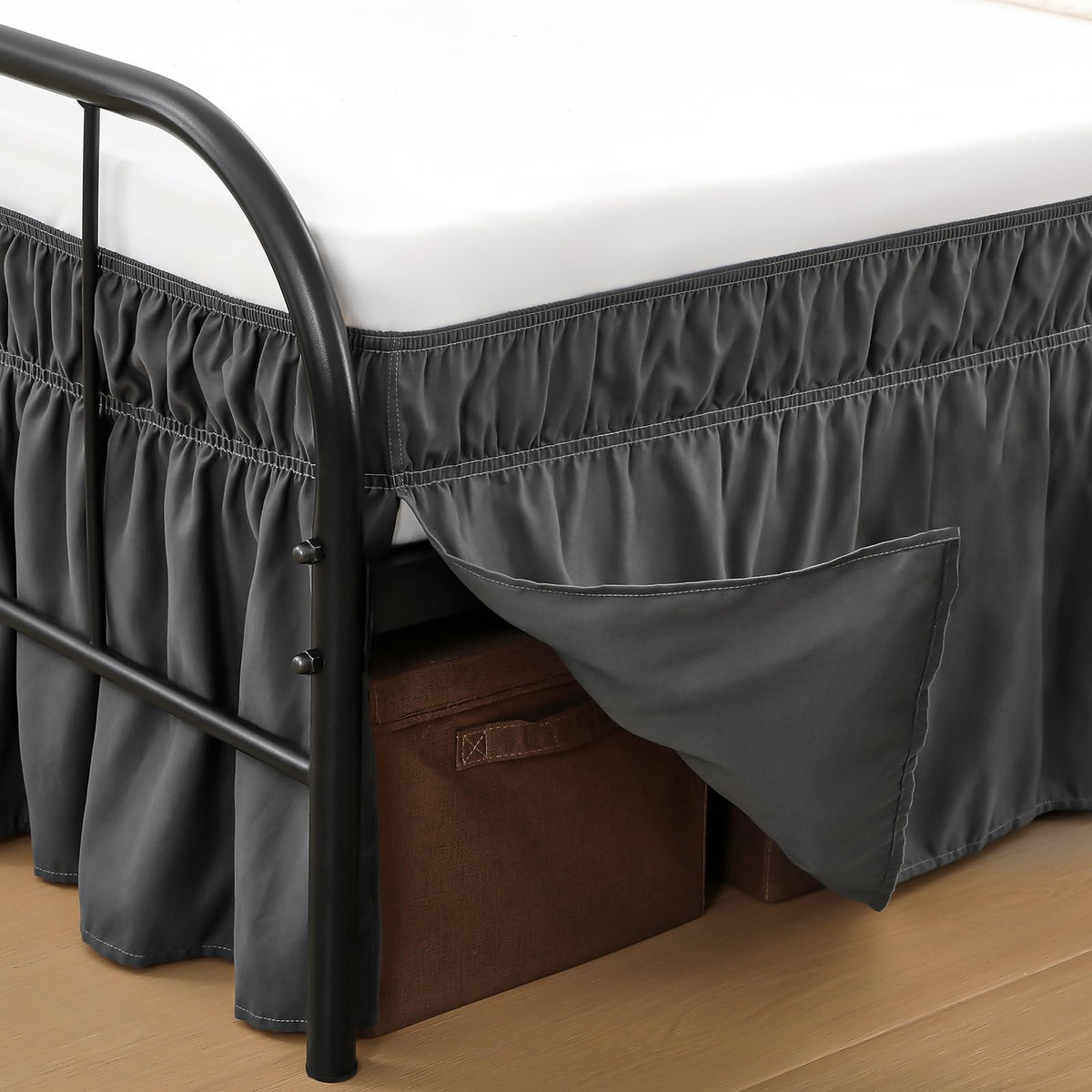 Queen Bed Skirt 14 inch Drop, Elastic Wrap Split Corner, Bright White