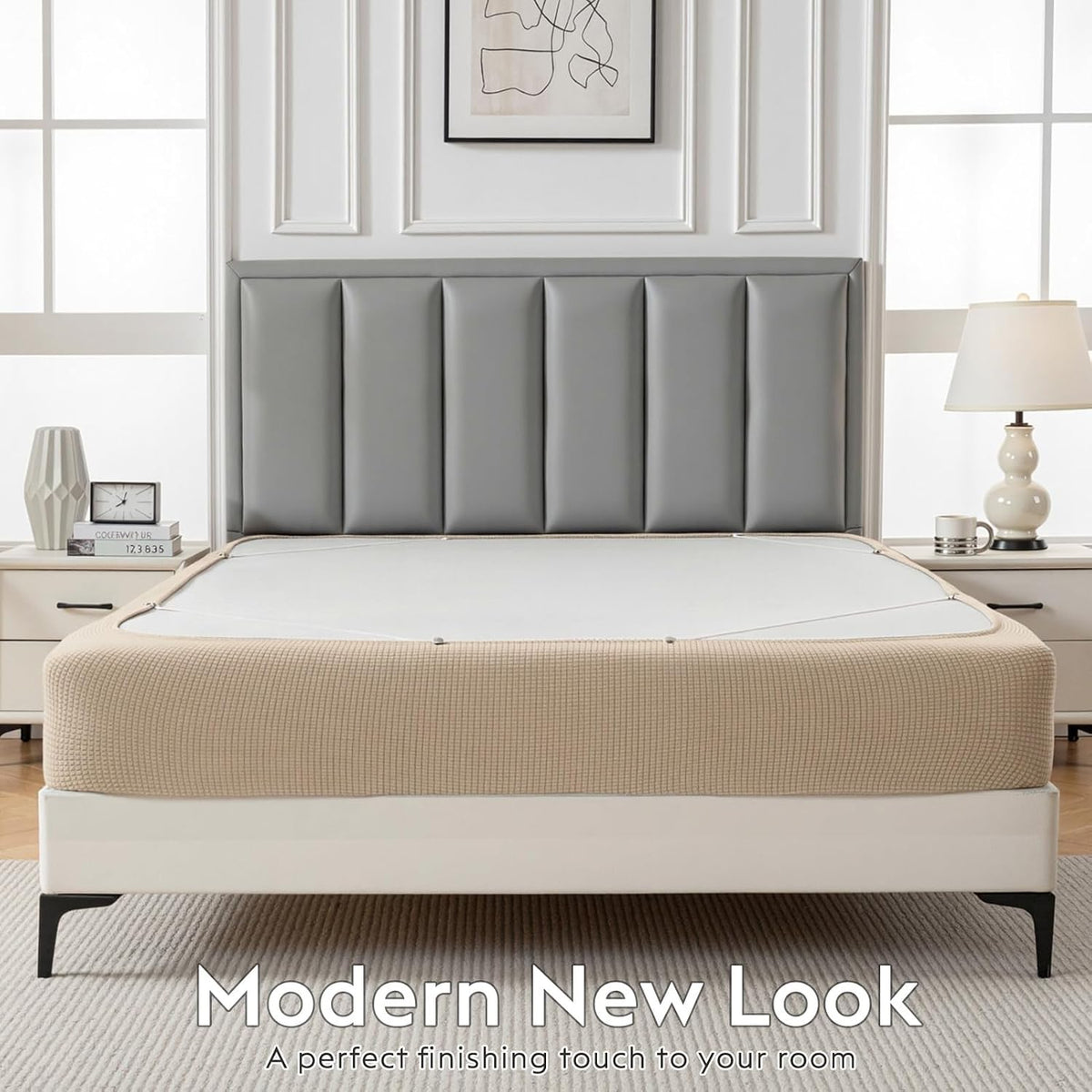 MIYE Jacquard Fabric Box Spring Cover,Super Stretchy Wrap Around 4 Sides Elastic Bed Skirt,Wrinkle & Fading Resistant,Washable & Easy Fit. (Cream, Queen)