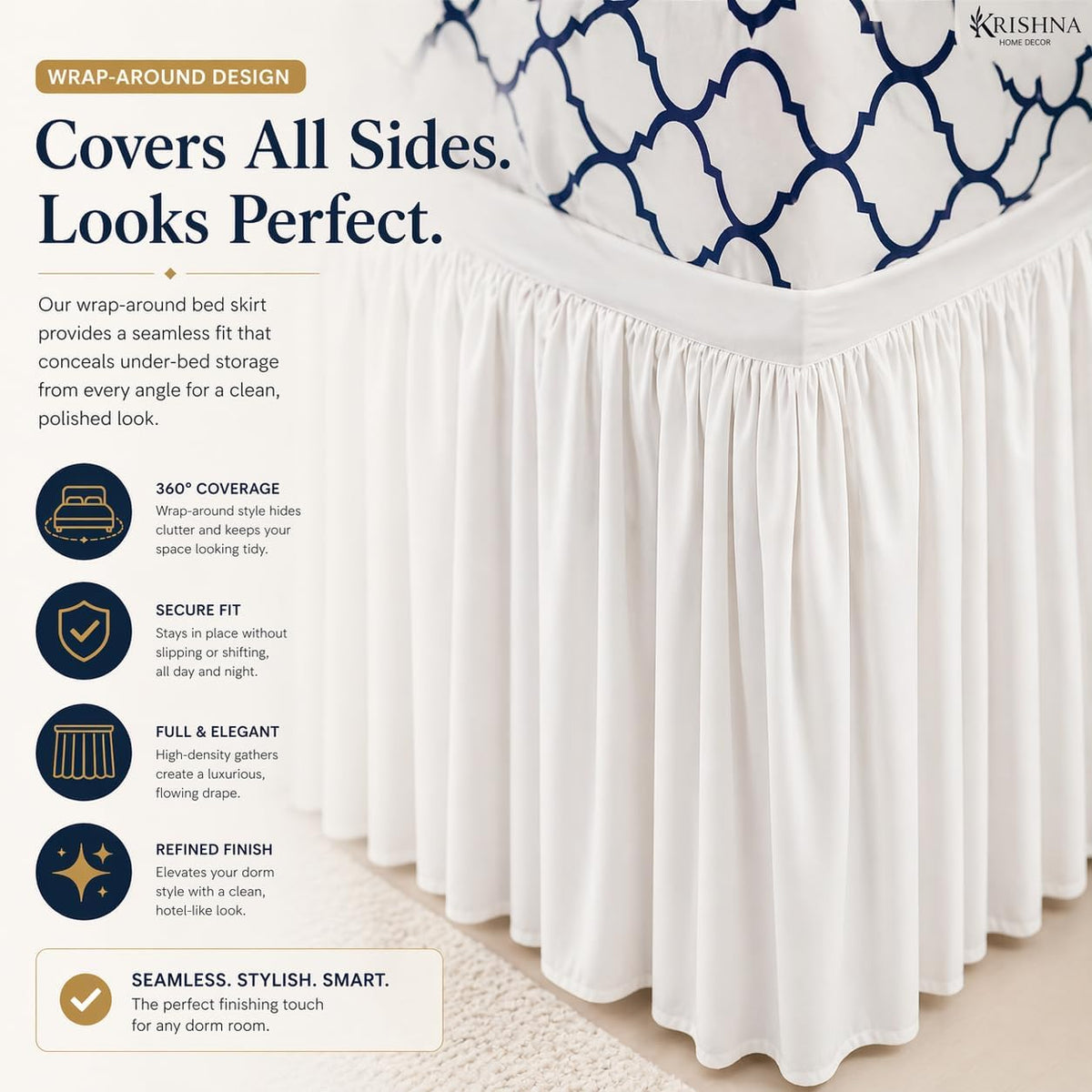 Krishna Dorm Bed Skirt, 100% Microfiber College Bed Skirt Ruffle with Split Corners, Twin XL 32 Inch Drop, White
