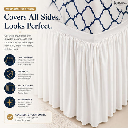 Krishna Dorm Bed Skirt, 100% Microfiber College Bed Skirt Ruffle with Split Corners, Twin XL 32 Inch Drop, White