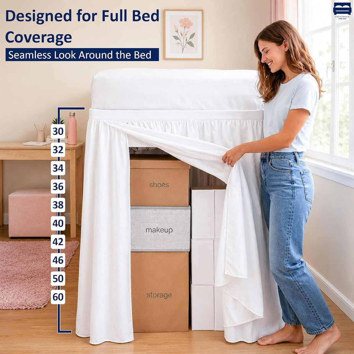 Cottingon Twin XL 32 Inch Drop Extended Dorm Room Bed Skirt,100% Microfiber College Bed Essentials Extra Long Size Dust Ruffle,White