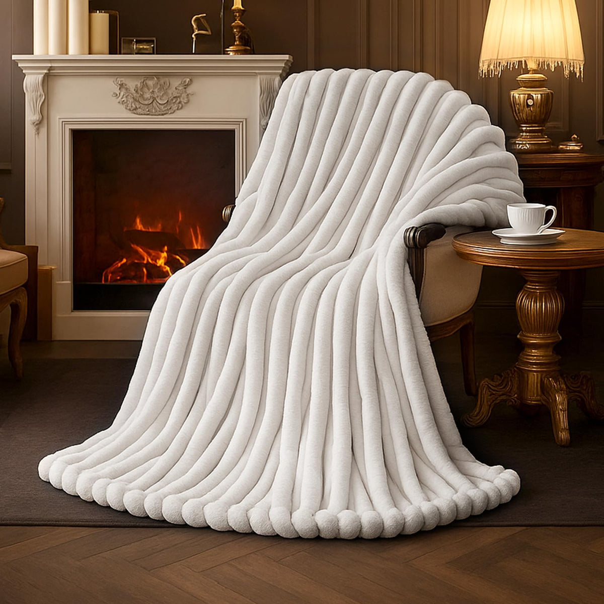 Amélie Home Soft Striped Faux Fur Throw Blanket for Couch, Beige, 55"x70"