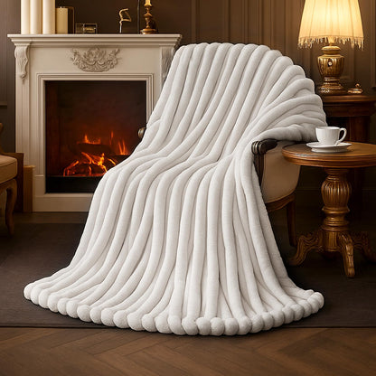 Amélie Home Soft Striped Faux Fur Throw Blanket for Couch, Beige, 55"x70"